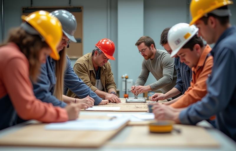 Group of trainees working hands-on with products during a training session